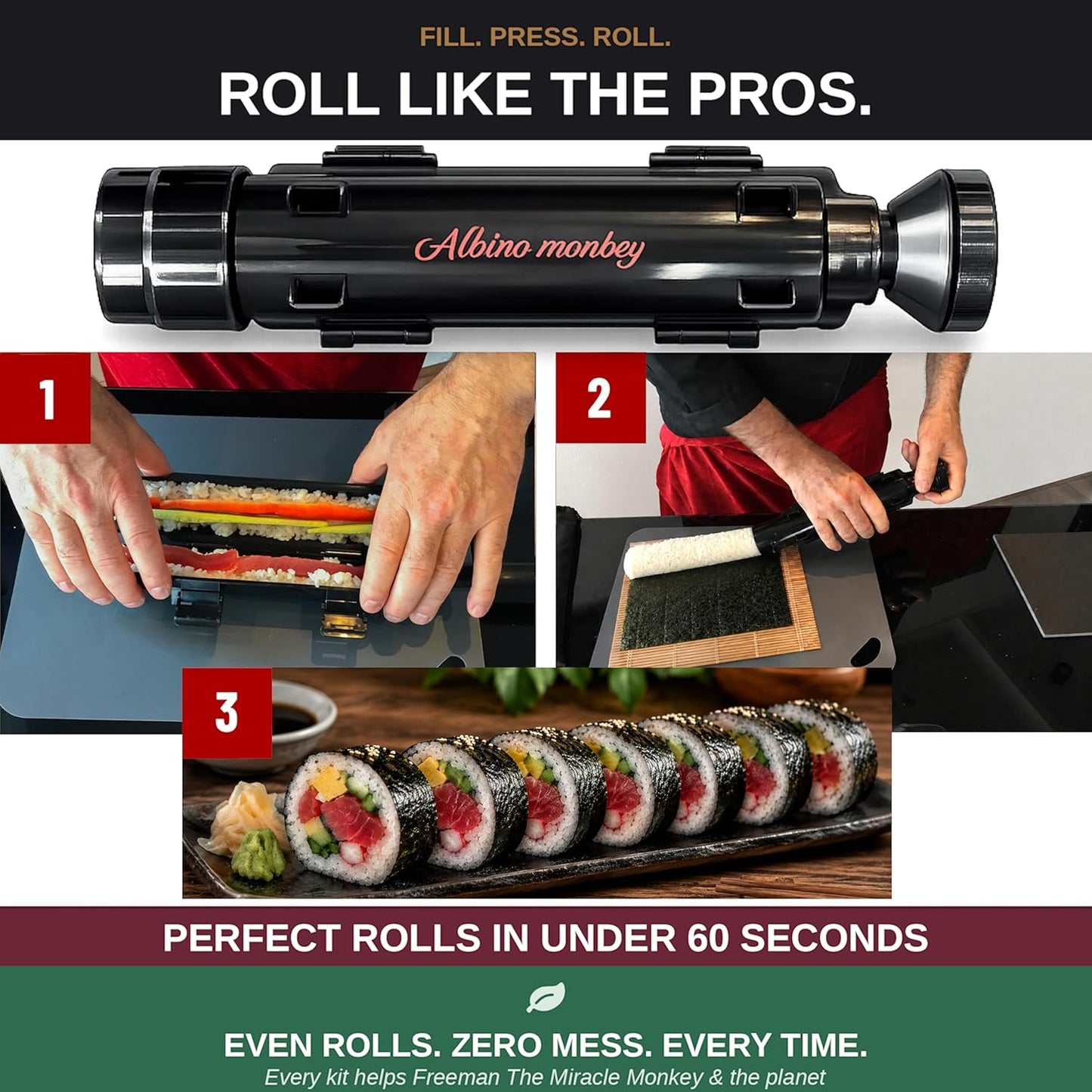 Albino monkey Sushi Making Kit with Pro Sashimi Knife – Roll 10+ Sushi Types – Sushi Bazooka, Bamboo + Dishwasher-Safe Mats, Nigiri Mold & Avocado Slicer Gift Box + Step-by-Step Video Guide