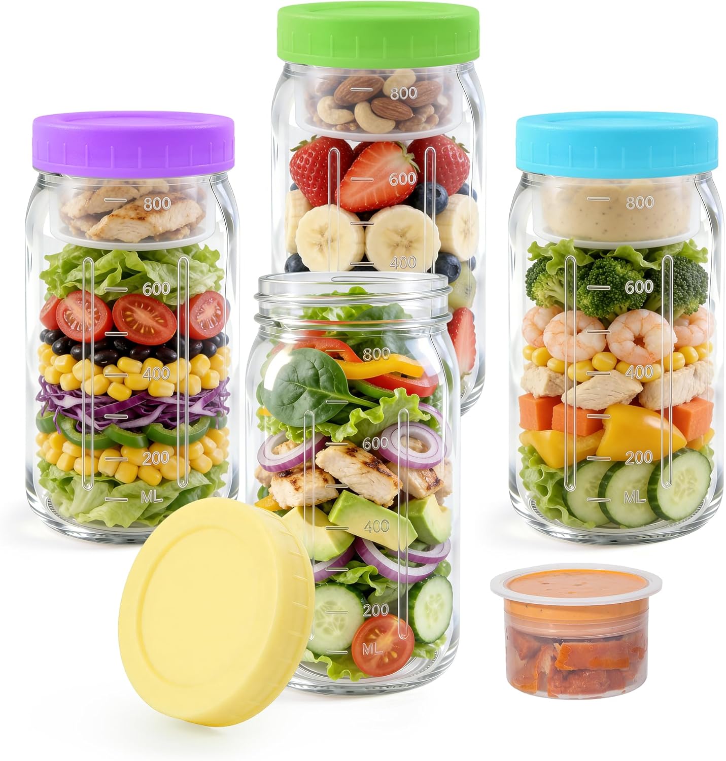 4Pack Glass Salad Jars with lids meal prep- 32oz Leakproof container for lunch | Comes with 2 Built-In Compartments for Wet/Dry Separation | salad dressing and dry ingredients storage.