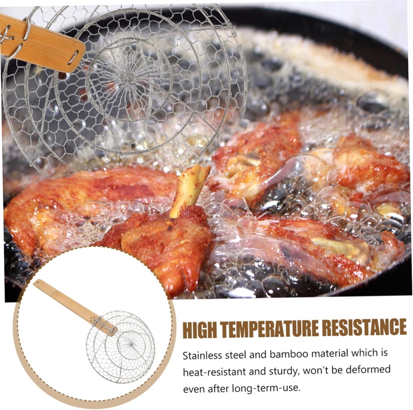 Spider Strainer, Stainless Steel Spider Kitchen Utensil, With Natural Bamboo Handle Kitchen Tool, Easy to Clean for Cooking