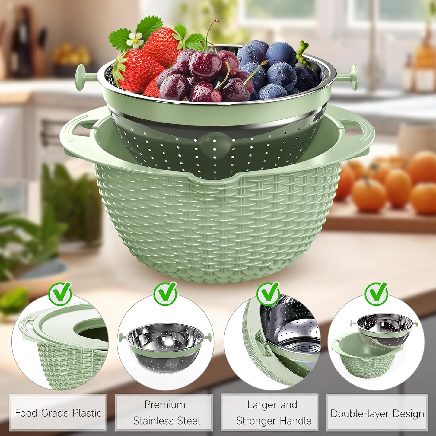 4-1 Colander with Bowl Set - Pasta Strainer - Colander for Kitchen - Strainers and Colanders Rice Strainer Fruit Cleaner Veggie Wash Sink Strainer Kitchen Essentials - Black
