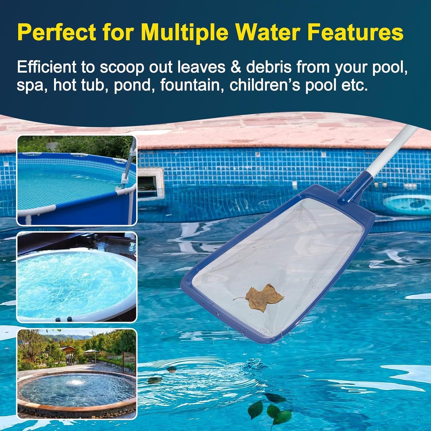 POOLAZA Hot Tub Skimmer Net Handheld, Professional Pool, Spa, Pound Skimmer Net with Aluminum Pole Handle, Deep Ultra Fine Mesh Netting Small Pool Skimmer Net, Upgrade Durable Hot Tub Net Hand Skimmer
