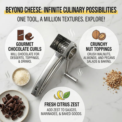 Rotary Cheese Grater with Handle, Professional Grade Stainless Steel Manual Ginger & Chocolate Shredder, Reversible Drum for Left/Right Hand, Easy-to-Clean Vegetable & Nut Grinder for Kitchen & Pizza