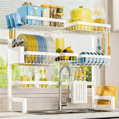 Sakugi Over The Sink Dish Drying Rack, Expandable 2-Tier Stainless Steel Kitchen Storage Organization Accessories for Countertop, Rustproof & Space-Saving, 30"–34.5" L x 12" W x 25" H, Black