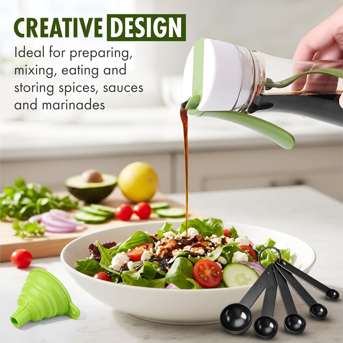 Salad Dressing Shaker Bottle with Spiral Mixer – Manual Salad Dressing Mixer, Leak Proof Oil and Vinegar Dressing Container with Measurements – Reusable BPA Free Salad Dressing Maker