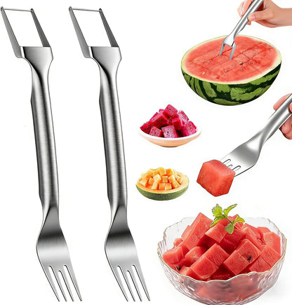 Watermelon Fork Slicer Cutter, 2PCS Stainless Steel 2-in-1 Watermelon Cutter, Portable Watermelon Fork Watermelon Cutter Slicer Tool Fruit Forks Slicer for Home Party Camping Kitchen Gadget