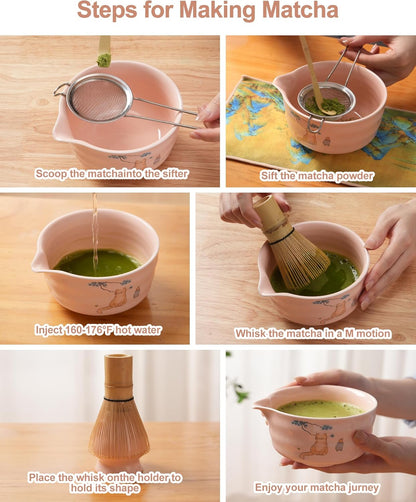 Matcha Whisk Set, Japanese Matcha Kit Set 7-Pcs with Matcha Bowl (Chawan), Matcha Whisk and Holder, Bamboo Scoop, Scoop Rest, Sifter and Tea Towel - Authentic Tea Ceremony Tools for Tea Lovers(Blue)
