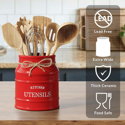 Barnyard Designs Ceramic Farmhouse Utensil Holder for Kitchen Counter, Large Rustic Utensil Crock, Countertop Cooking Tool Spatula Organizer, 6.75” (Taupe)