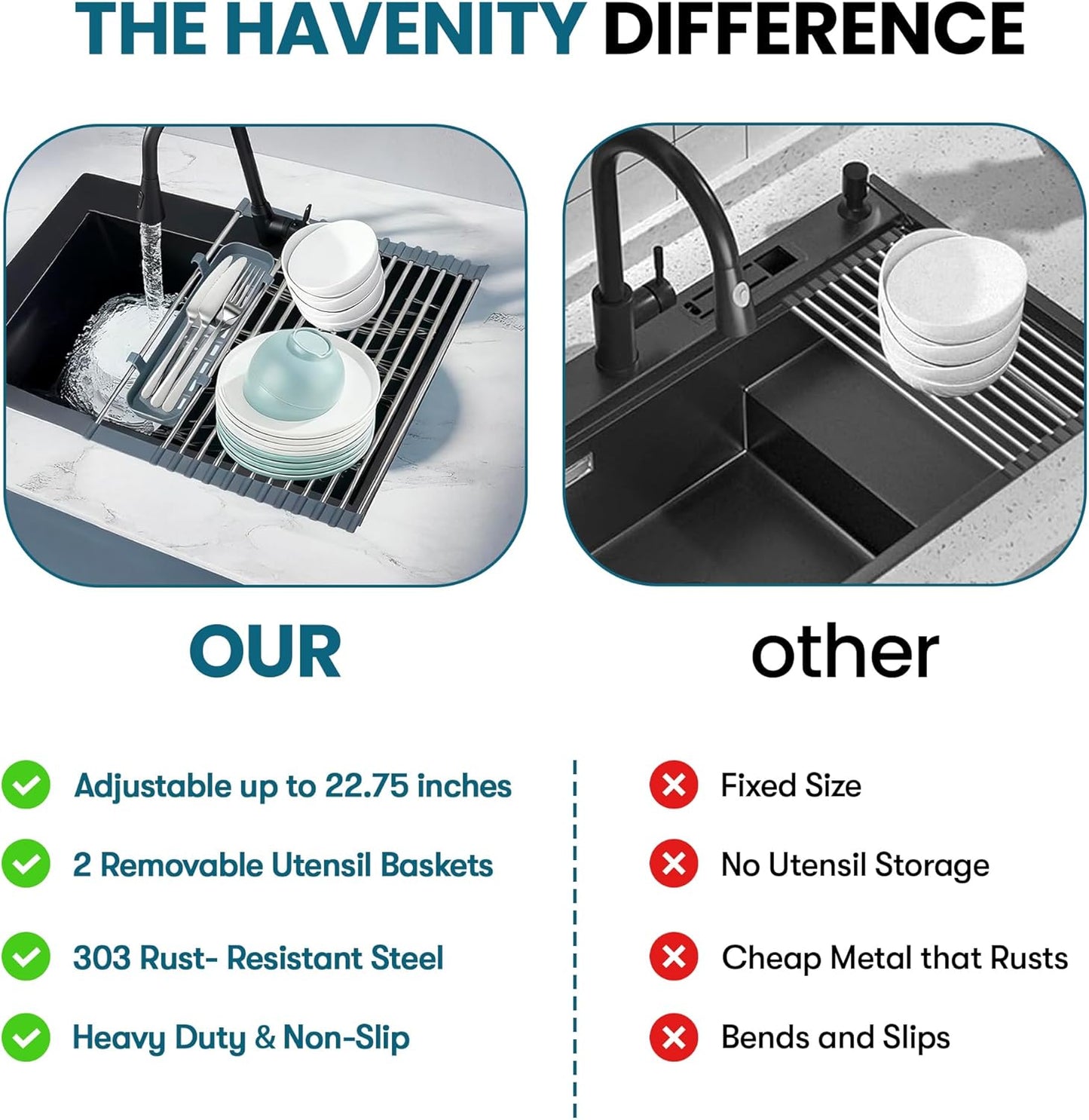 Havenity™ Expandable Roll Up Dish Drying Rack for Small Sinks - Expandable 12.8 to 22.8 Inch Over Sink Rack, Fits Apartments, RVs and Office Kitchens, Stainless Steel, 2 Baskets