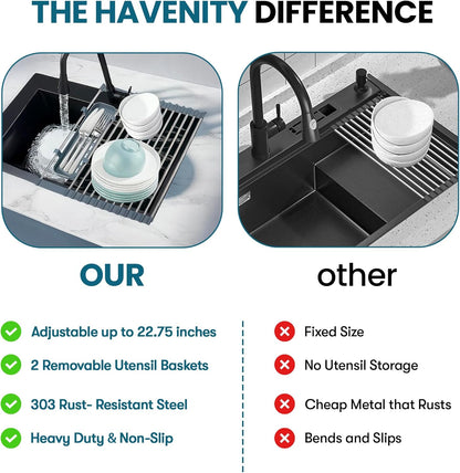 Havenity™ Expandable Roll Up Dish Drying Rack for Small Sinks - Expandable 12.8 to 22.8 Inch Over Sink Rack, Fits Apartments, RVs and Office Kitchens, Stainless Steel, 2 Baskets