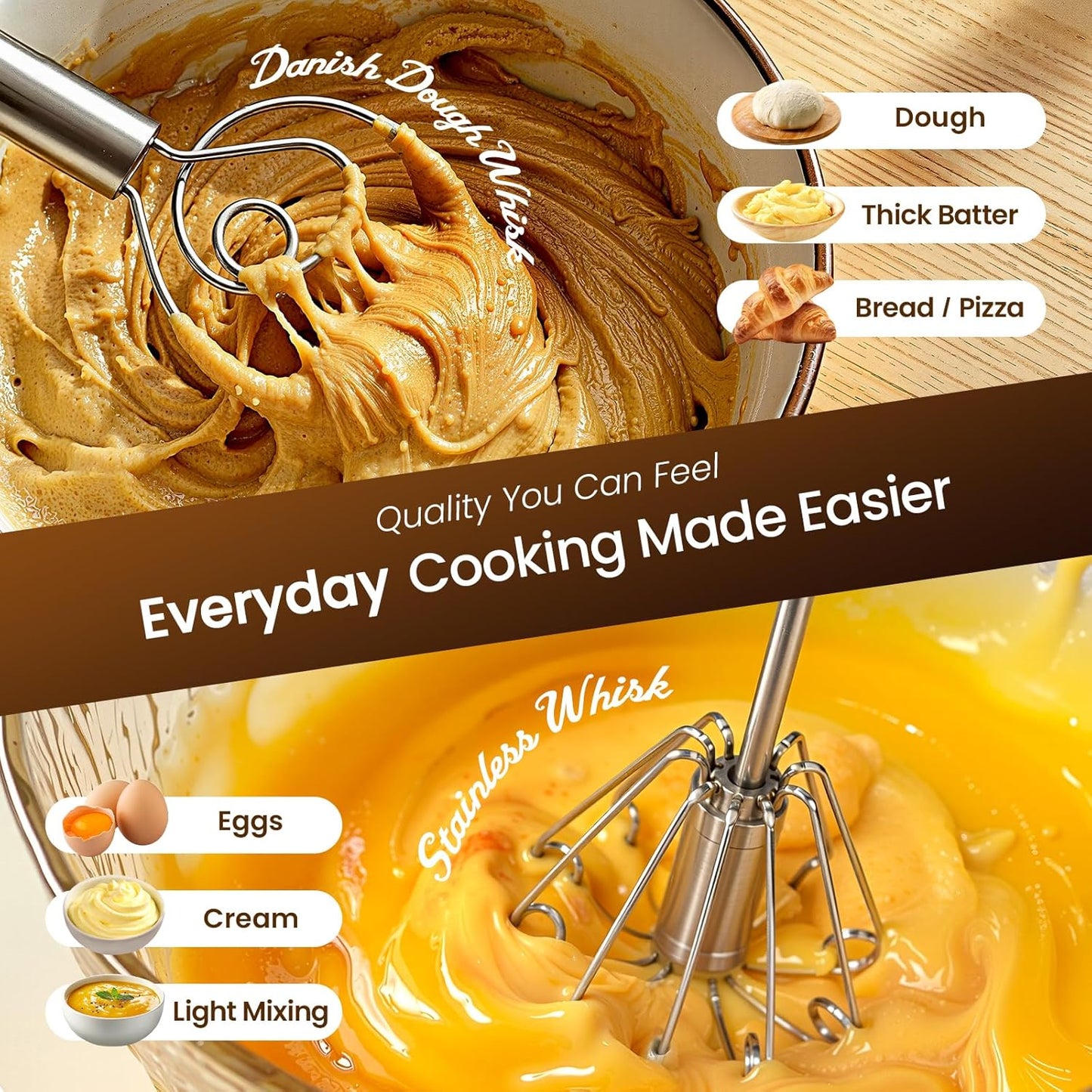 Danish Dough Whisk & Egg Whisk Set for Sourdough Bread, 2PCS Bread Dough Mixer for Sourdough, Pizza, Batter, Eggs & Cream, Heavy Duty Baking Whisks, 12-Inch