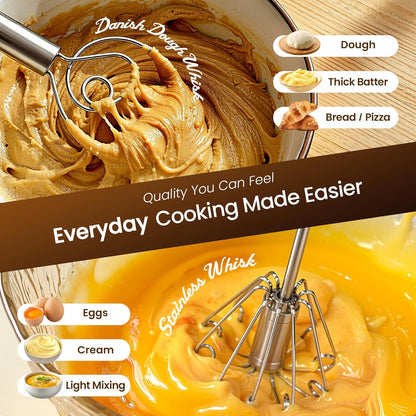Danish Dough Whisk & Egg Whisk Set for Sourdough Bread, 2PCS Bread Dough Mixer for Sourdough, Pizza, Batter, Eggs & Cream, Heavy Duty Baking Whisks, 12-Inch