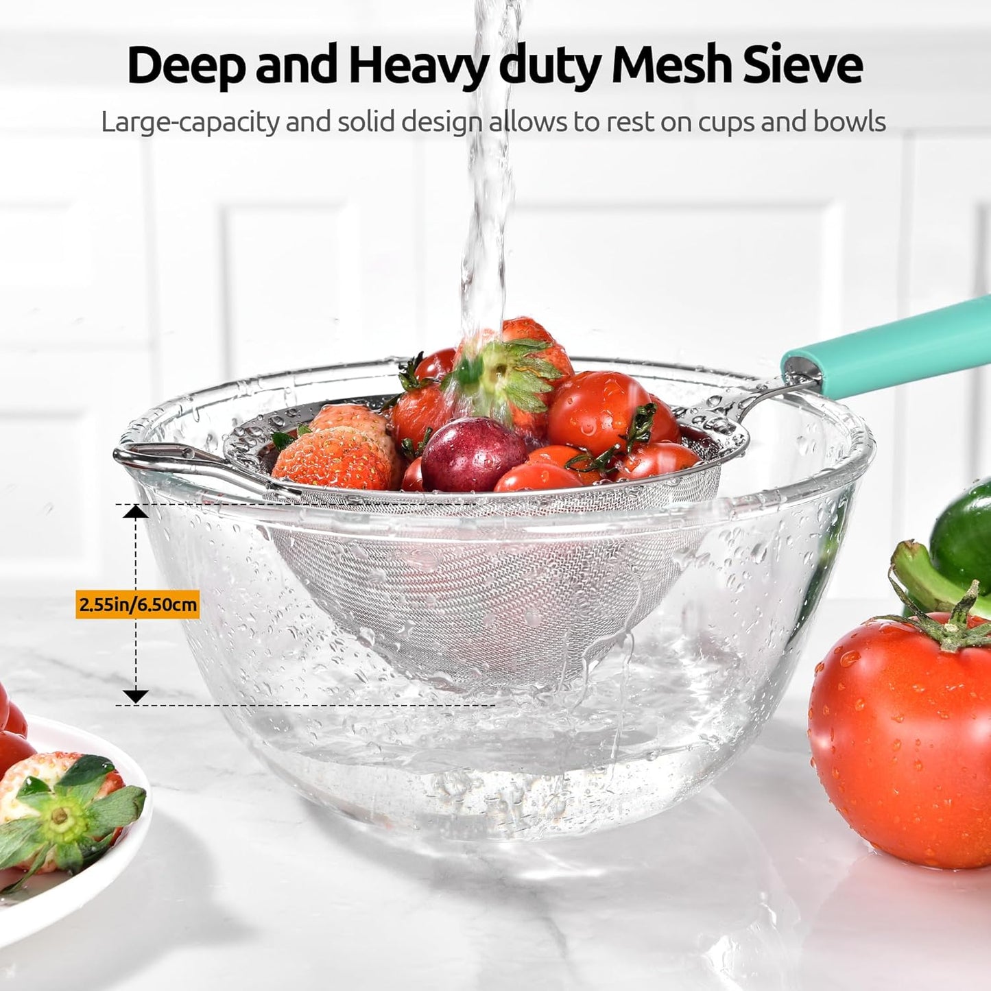 U-Taste Medium Fine Mesh Strainer: 18/8 Stainless Steel 4.73in 30 Mesh Kitchen Food Sieve with Sturdy Riveted Silicone Handle, Heavy Duty Deep Handheld Metal Colander for Rice, Quinoa, Flour (Black)