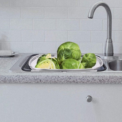 i Kito Over the Sink Colander with Expandable Rubber Grip Handles - Fine Mesh Oval Strainer in Stainless Steel -Drain, Rinse Fruits and Vegetables