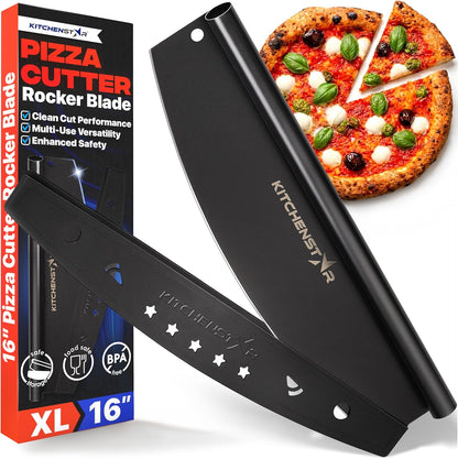 KitchenStar 14-Inch Pizza Cutter Rocker Blade - Sharp Stainless Steel Slicer Knife, Protective Cover, Dishwasher Safe, Large - Professional Pizza Oven Accessories