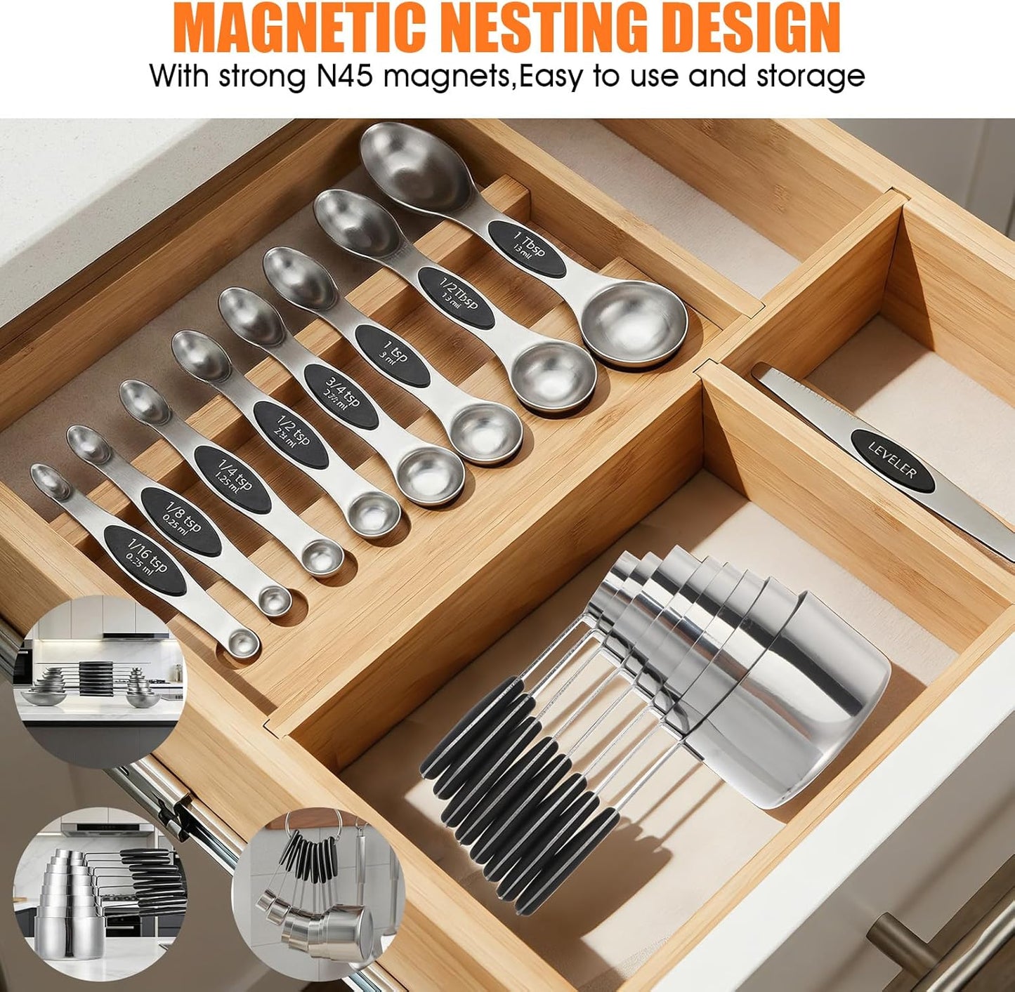 17PCS Measuring Cups and Magnetic Spoons Set, 8 Measure Cups with Silicone Handle, 8 Double Sided Measure Spoons and 1 Leveler, Stackable Stainless Steel Kitchen Gadgets for Cooking & Baking