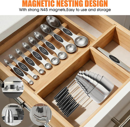 17PCS Measuring Cups and Magnetic Spoons Set, 8 Measure Cups with Silicone Handle, 8 Double Sided Measure Spoons and 1 Leveler, Stackable Stainless Steel Kitchen Gadgets for Cooking & Baking