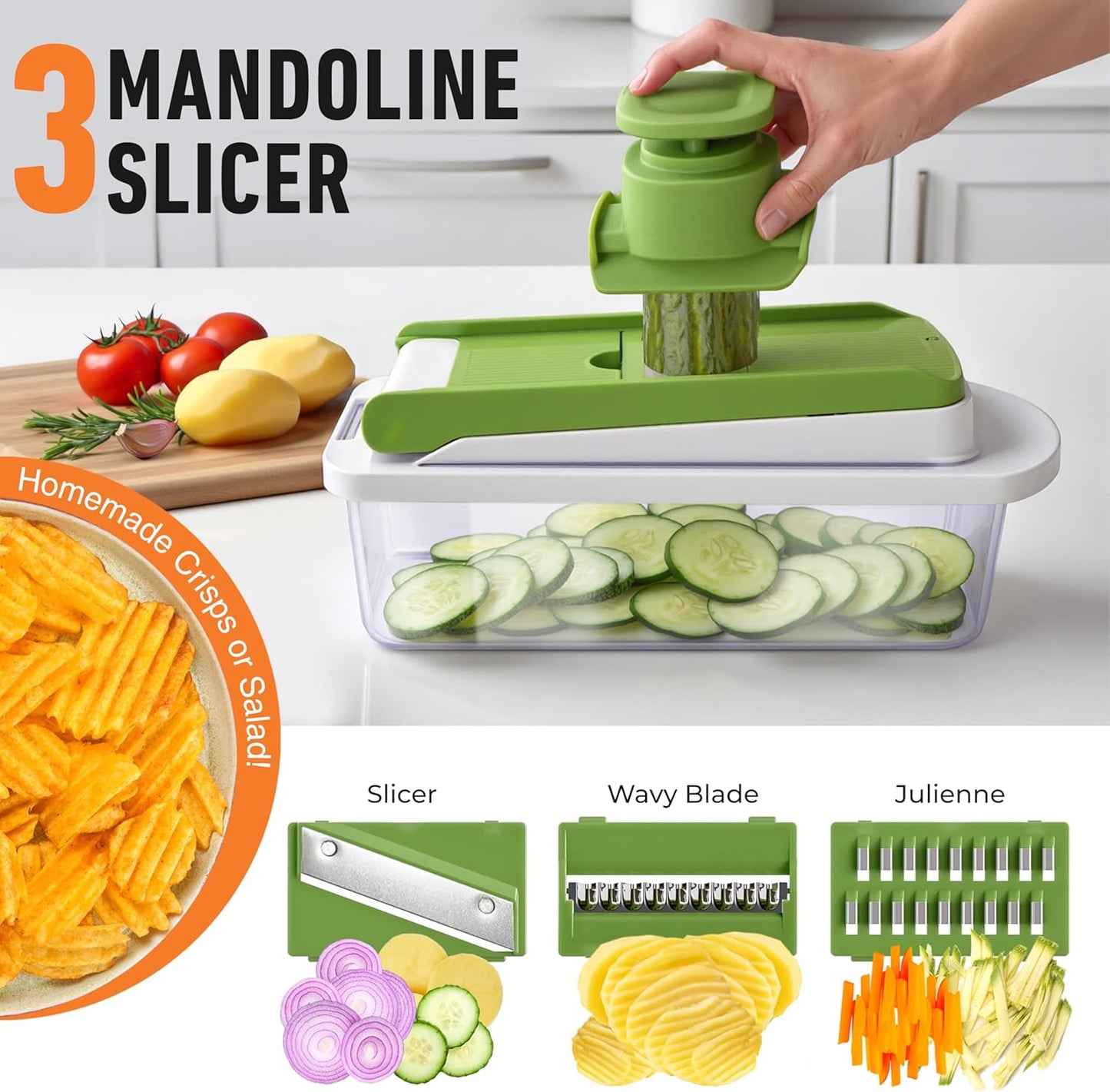 Mueller Pro-Series 10-in-1, 8 Blade Vegetable Chopper, Onion Mincer, Cutter, Dicer, Egg Slicer with Container, French Fry Cutter Potato Slicer, Home Essentials, Salad Chopper White Sand/Green