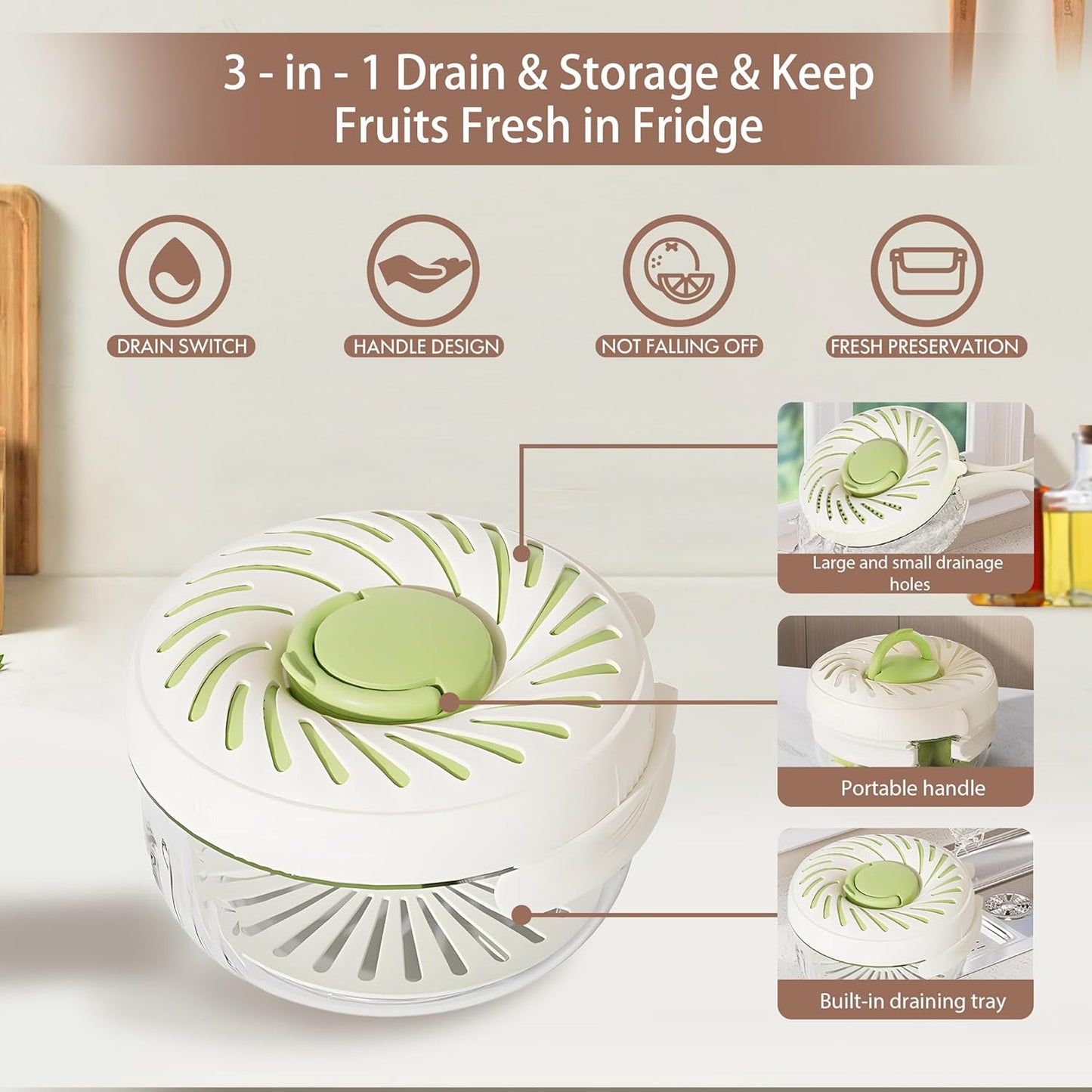 Upgraded Fruit Washing Bowl with Strainer,BPA-Free Drain Basket for Lid & Ice Compartment,Multifunctional Fruit Washer,Foldable Handle Strainer and Colander for Fridge Storage or Picnic Camping(1 QT)