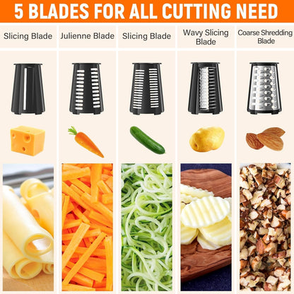 SpaceHacks Rotary Cheese Grater Hand Crank, with 5 Blades for Chopper Shredder Spiralizer Slicer for Vegetable Cheese Fruit, Food Chopper for Kitchen with Blades Storage Box & Suction Base (Black)