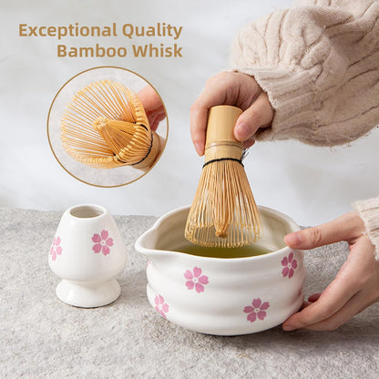 5pcs Premium Matcha Set,Ceramic Bowl with Spout and Bamboo Whisk set, Ceremonical Matcha Kit for breakfast/latte,Tea Starter Making Kit,Unique Matcha Gift set (pink love)
