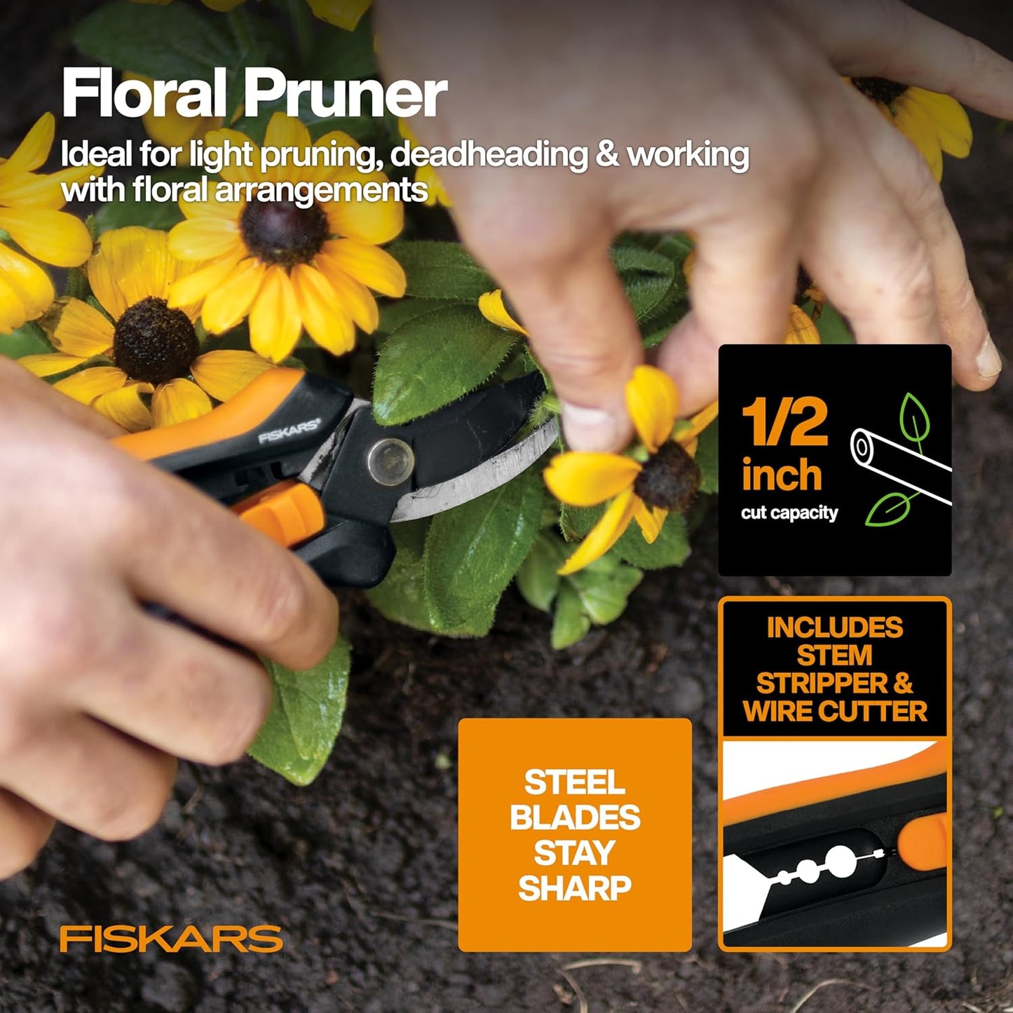 Fiskars 6" Pruning Scissors for Flowers, Buds, Weeds and Small Plants, Garden Snips with Resin Resistant Nonstick Stainless Steel Blades, Gardening Trimmers with Comfortable Handle