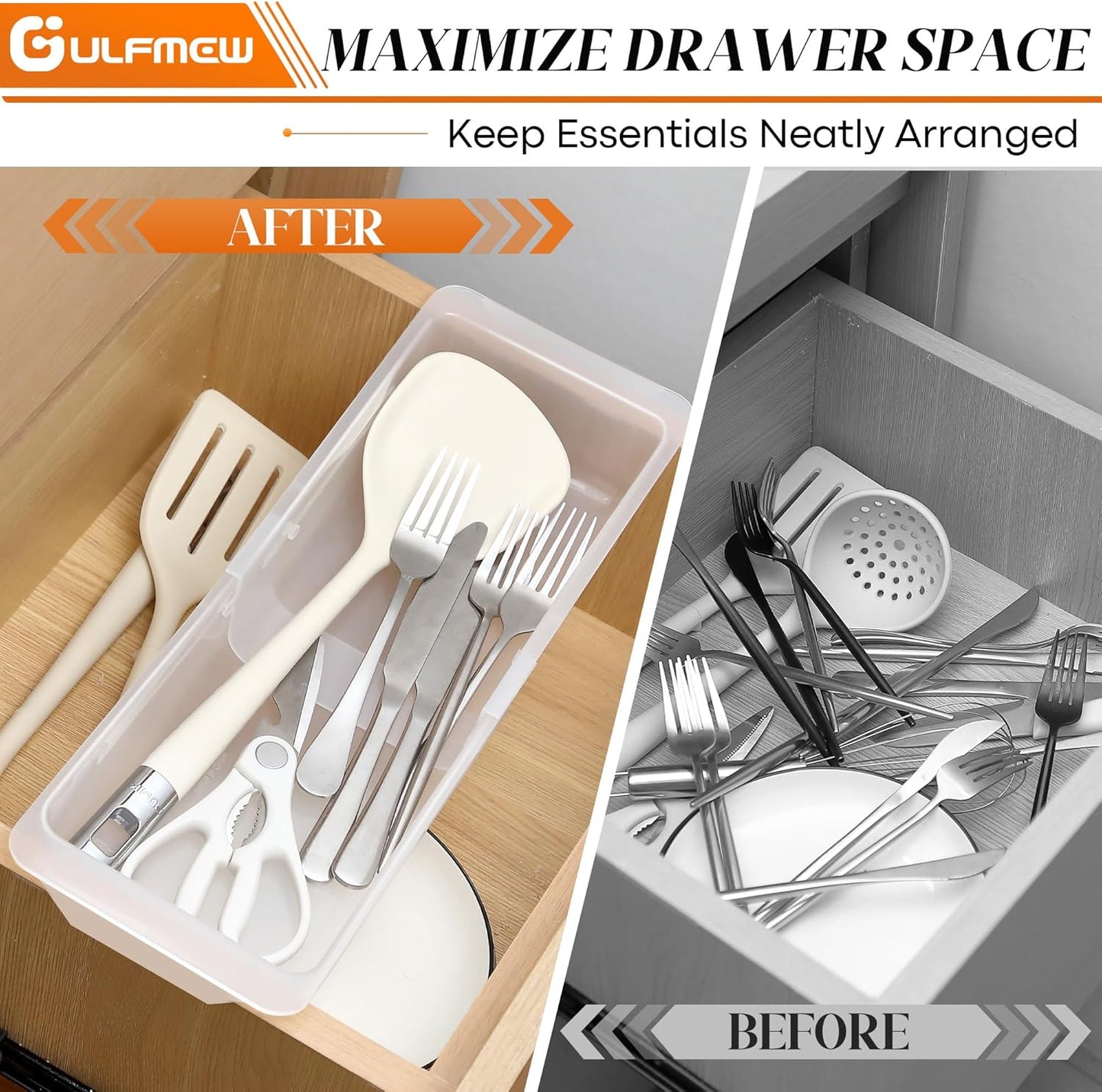 2 Pack Deep Drawer Organizer Bins, Adjustable Sliding Drawer Organizer Bin Expandable Tray for Kitchen Utensils, BBQ Tools, Towels, Durable Plastic Sliding for Easy Storage (12.4" to 18”)