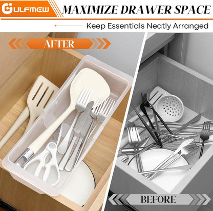 2 Pack Deep Drawer Organizer Bins, Adjustable Sliding Drawer Organizer Bin Expandable Tray for Kitchen Utensils, BBQ Tools, Towels, Durable Plastic Sliding for Easy Storage (12.4" to 18”)