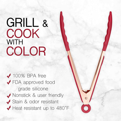 COOK WITH COLOR Stainless Steel Silicone Tipped Kitchen & BBQ Tongs Set, 3 Pc Utensils, Grey