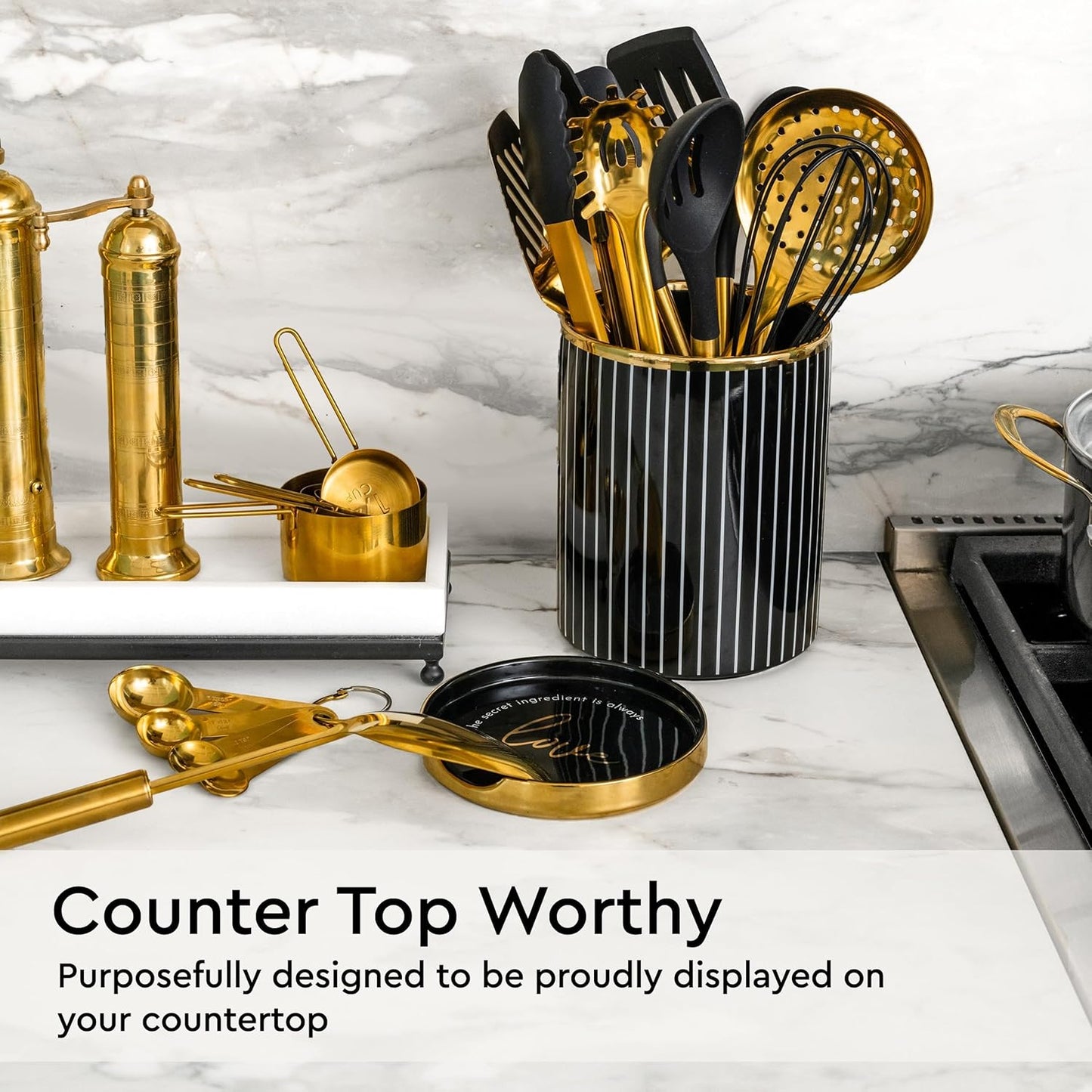 Gold Cooking Utensils with Measuring Cups and Spoons Set - 13-Piece Luxury Gold Kitchen Accessories Includes Metal Measuring Cups and Spoons for Baking, Cooking, and Elegant Kitchen Decor