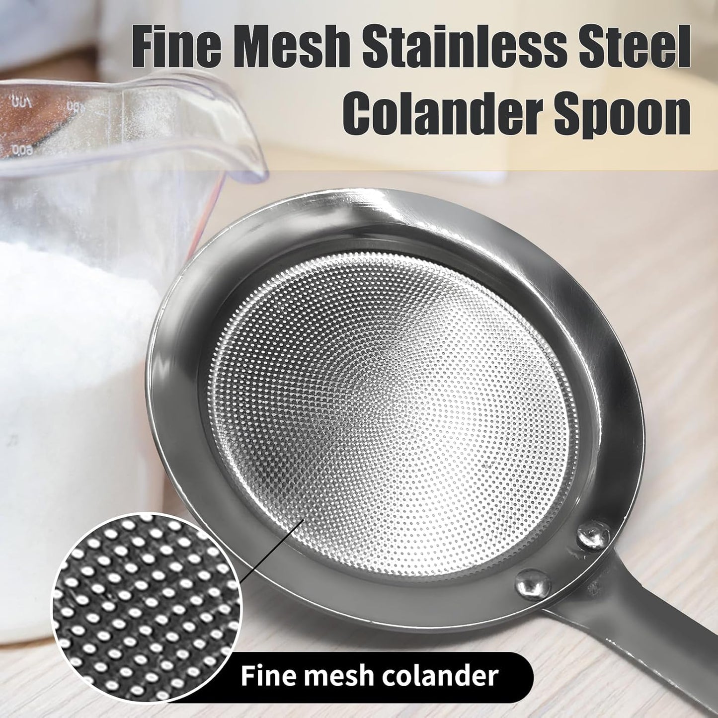 Fine Mesh Stainless Steel Colander Spoon, Sieve Fine Mesh Strainer with Long Handle Stainless Steel Skimmer Spoon Kitchen Gadget for Cooking Oil Filter Skimming Grease and Foam