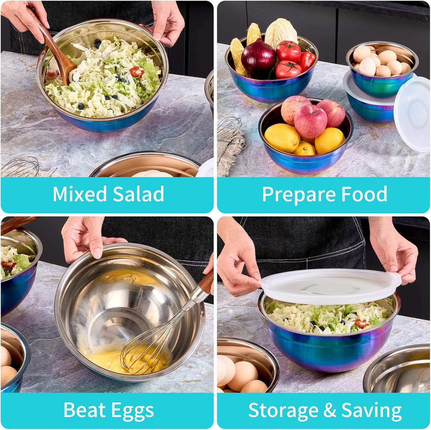 4 Piece Gold Mixing Bowls With Lids for Kitchen, Stainless Steel Set Ideal for Baking, Prepping, Cooking and Serving Food, Nesting Metal Bowls for Space Saving Storage
