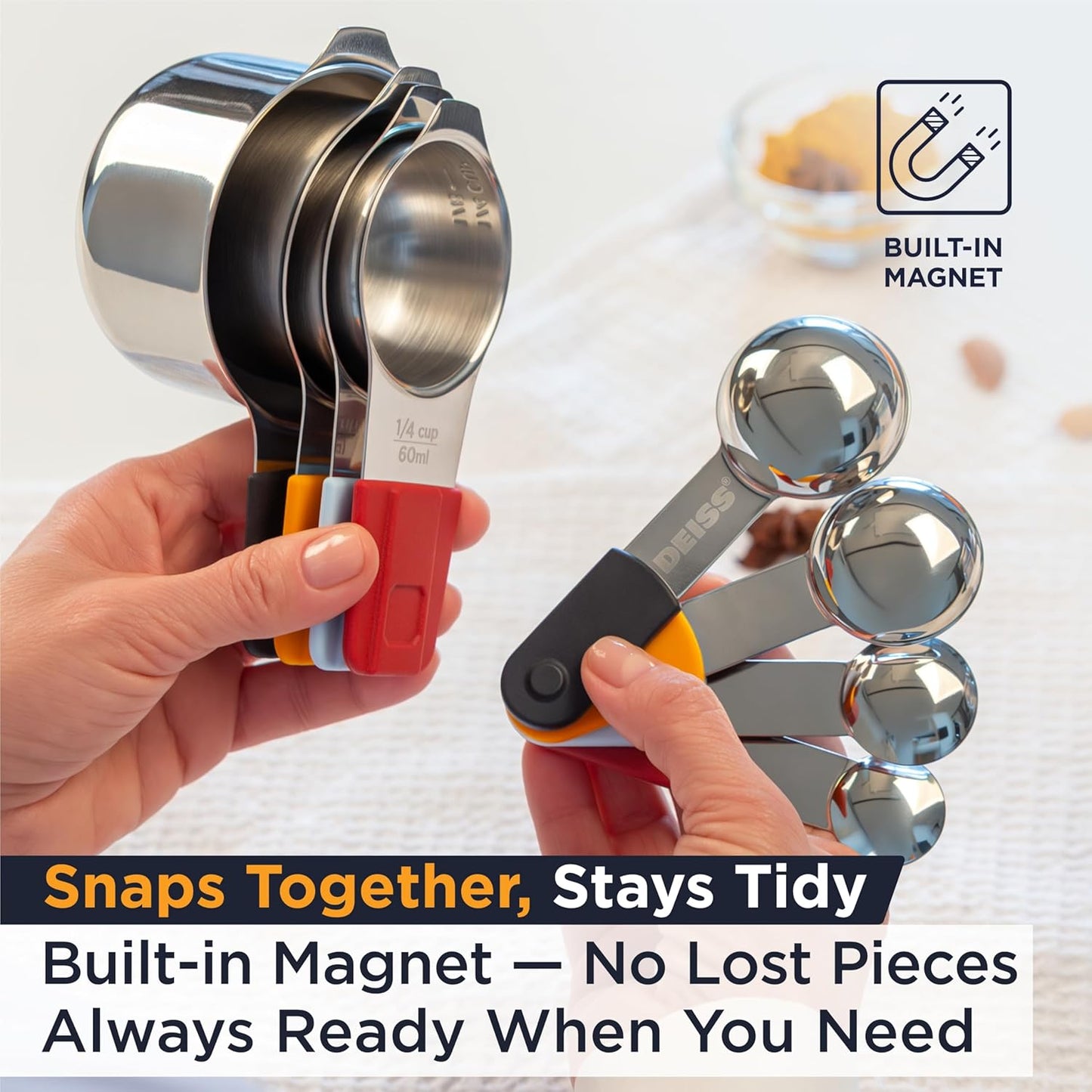 Deiss LUX Stainless Steel Measuring Cups and Spoons Set - Magnetic Measuring Spoons Set, 8-Piece Metal Measuring Cups, 4 Dry Measuring Cups, 4 Spoons, Color-Coded Handles, Dishwasher Safe