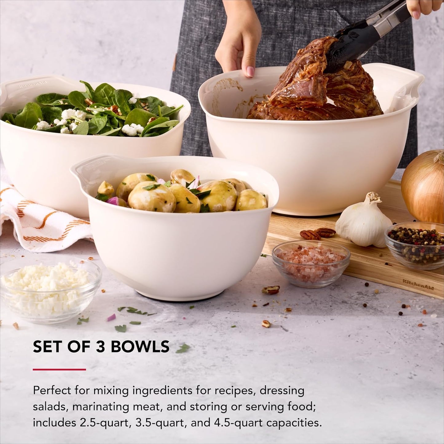 KitchenAid Universal Nesting Plastic Mixing Bowls, Set Of 3, 2.5 quart, 3.5 quart, 4.5 quart, Non Slip Base with Easy Pour Spout to Reduce Mess, Dishwasher Safe, Aqua Sky, White, Gray