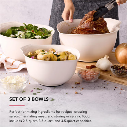 KitchenAid Universal Nesting Plastic Mixing Bowls, Set Of 3, 2.5 quart, 3.5 quart, 4.5 quart, Non Slip Base with Easy Pour Spout to Reduce Mess, Dishwasher Safe, Aqua Sky, White, Gray