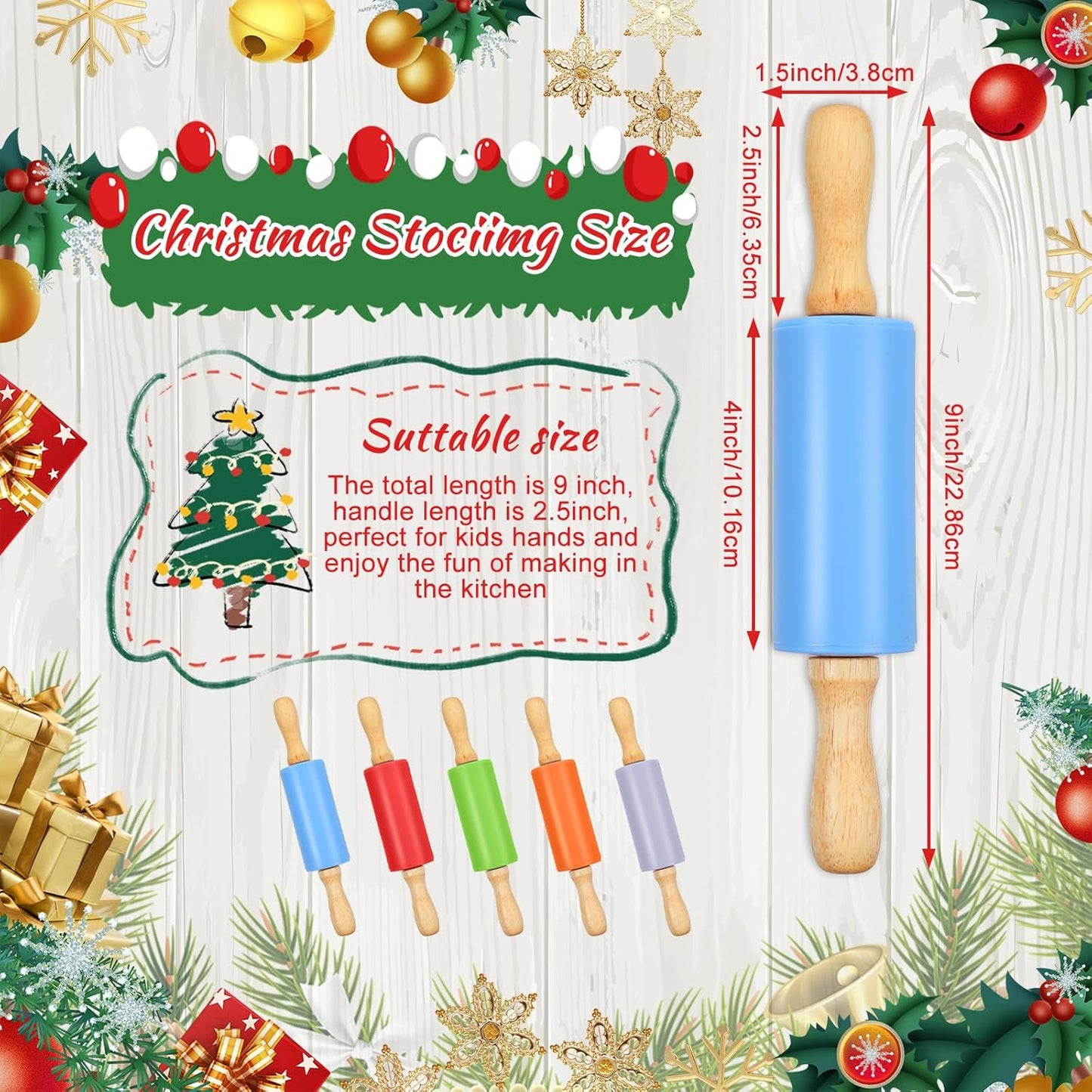 10 Pcs Small Rolling Pin Kids 9 Inch Mini Rolling Pin Silicone Wooden Cooking Pins Baking 5 Colors Non Stick with Wooden Handle for Christmas Kitchen Dough Cookie Pastry Fondant Cake, Christmas Gifts