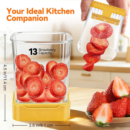 Fruit Slicer Cup for Strawberry, Banana, Hard-Boiled Egg - Detachable Cutter with Push Plate - 304 Stainless Steel Blade - Rapid & Safe Slicing Kitchen Gadget for Quick Meal Prep (Black)