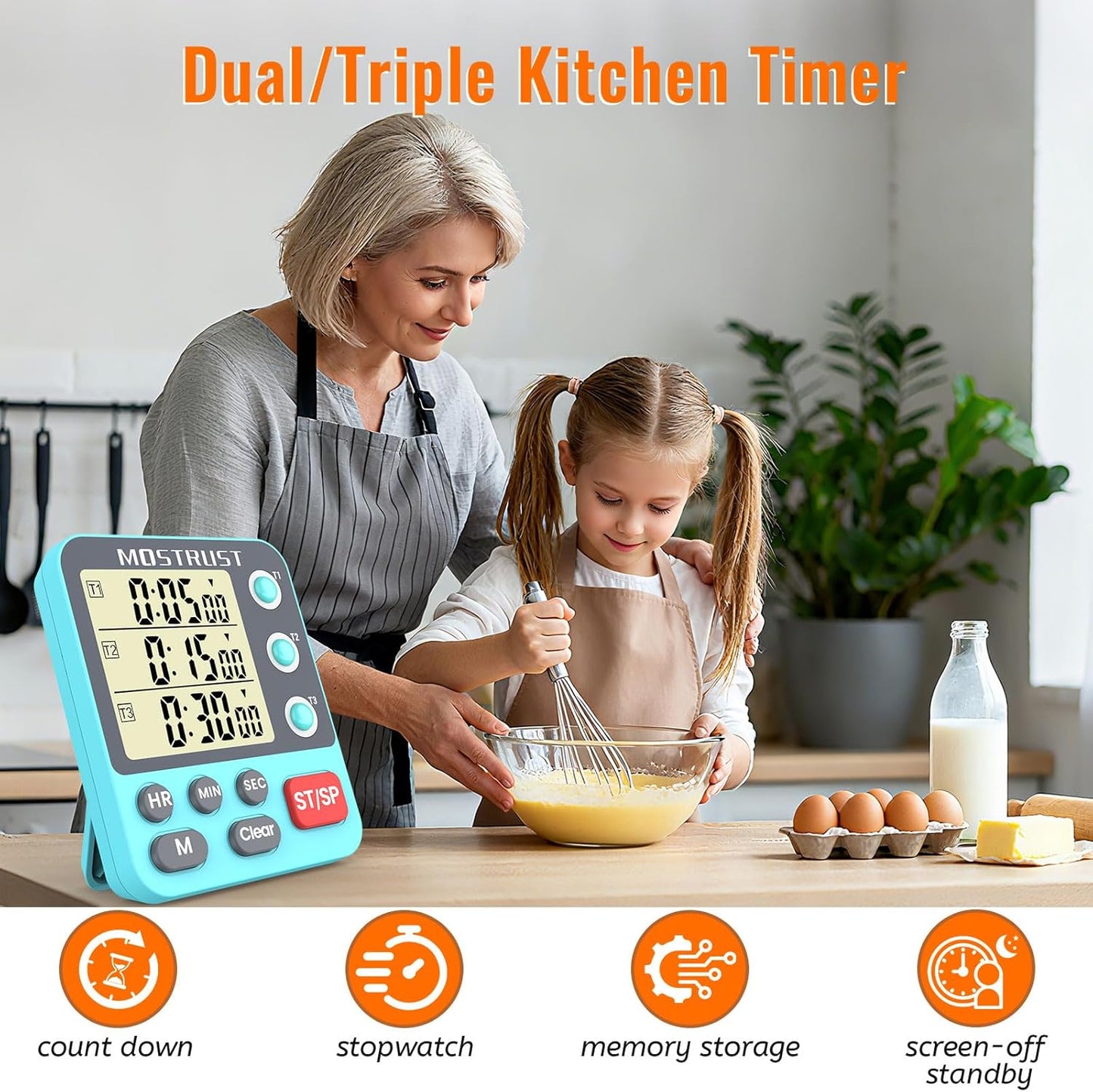 Digital Dual Kitchen Timer, 3 Channels Triple Countdown Timer for Cooking, Magnetic Memory-Preset Large Display Adjustable Volume, Multi Time Management, 3A Battery Included, Black