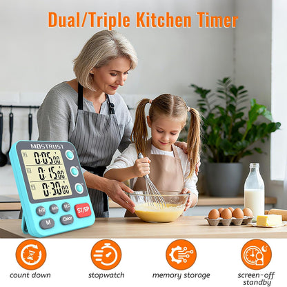 Digital Dual Kitchen Timer, 3 Channels Triple Countdown Timer for Cooking, Magnetic Memory-Preset Large Display Adjustable Volume, Multi Time Management, 3A Battery Included, Black
