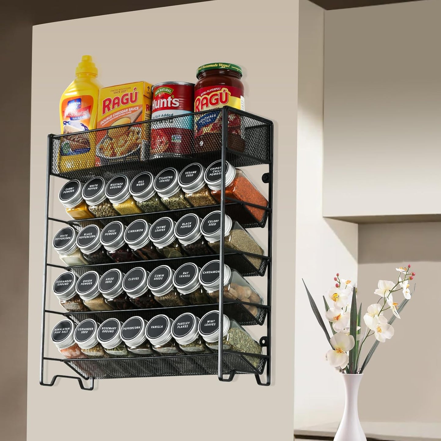 Skiileor Spice Rack Organizer with 28 Spice Jars, Black Lids，Spice Labels, Chalk pen and Funnel Set for Cabinet, Countertop, Pantry, Cupboard or Wall Mount