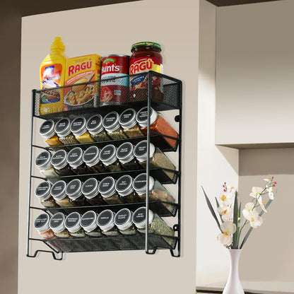 Skiileor Spice Rack Organizer with 28 Spice Jars, Black Lids，Spice Labels, Chalk pen and Funnel Set for Cabinet, Countertop, Pantry, Cupboard or Wall Mount