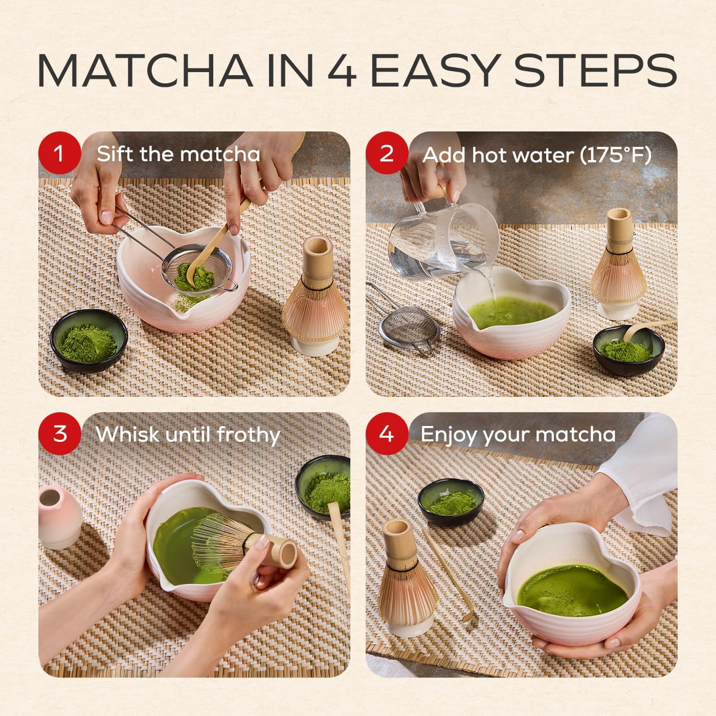 Rehny’s Matcha Whisk Set | Complete Pink Matcha Set w/Heart-Shaped Bowl, Bamboo Whisk, Holder, Stainless Steel Sifter, Bamboo Scoop | Cute Gift Present Macha Kit Handmade Bowl | Macha Powder Tea Kit