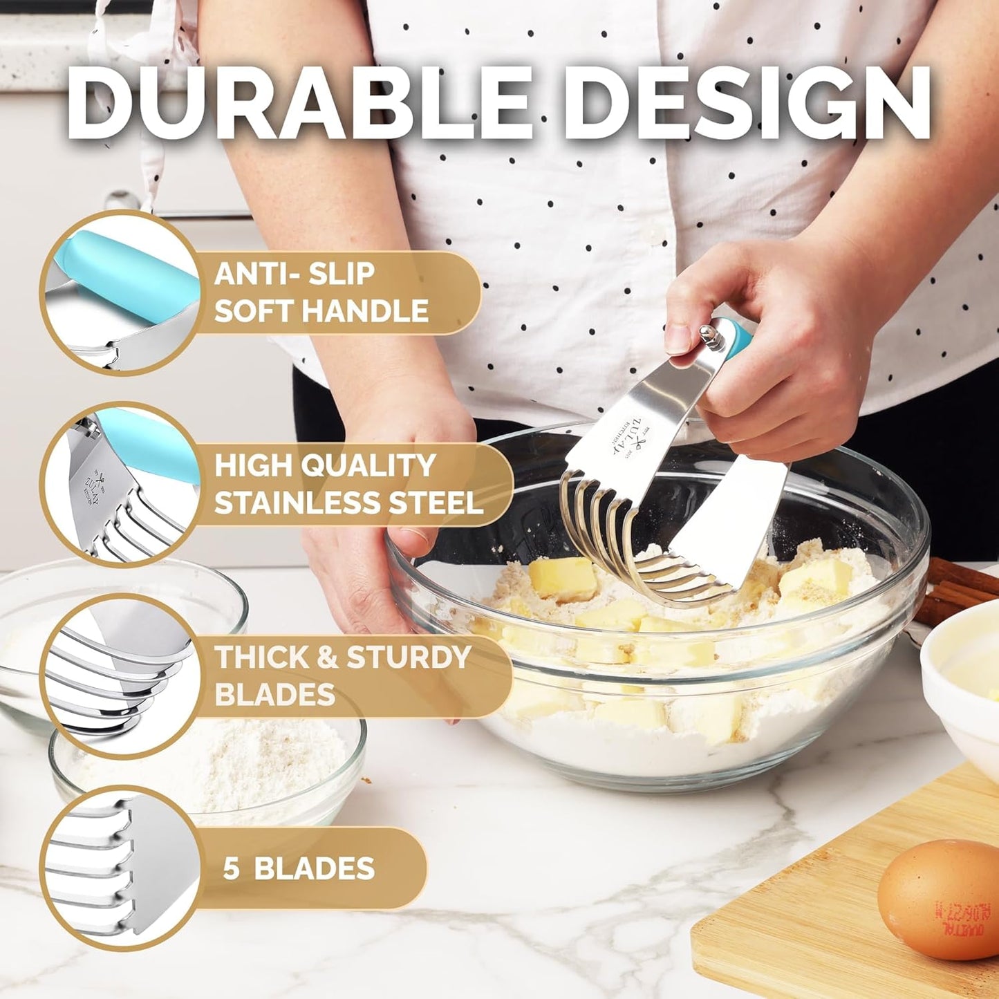 Zulay Kitchen Dough Blender - Stainless Steel Pastry Cutter, Heavy Duty Dough Cutter With Blades, Pastry Blender And Butter Cutter - Pastry Cutter For Baking (Blue)