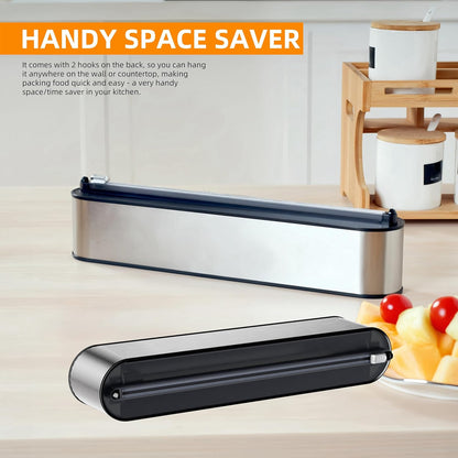 Aluminum Foil & Plastic Wrap Dispenser with Cutter - Magnetic & No-Drill Wall Mount, Stainless Steel Design, Space-Saving Kitchen Organizer for Worktops & Cabinets - Fits 12" Rolls, Silver