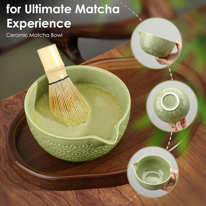Matcha Whisk Set Matcha Kit - 7 Pcs Japanese Tea Set Includes Matcha Bowl with Spout,Bamboo Whisk with Ceramic Holder,Bamboo Scoop and Rest,Sifter,Tea Towel, for Ceremony Matcha Lovers Gift,Green