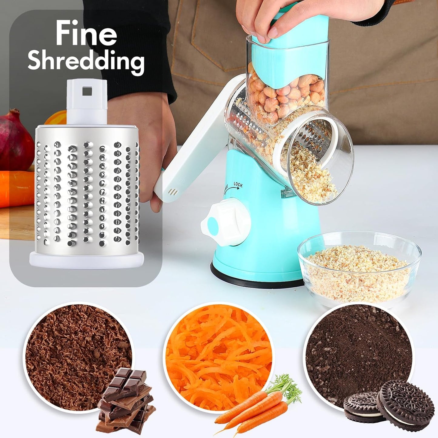 Rotary Cheese Grater with Handle, Round Mandoline Speed Kitchen Slicer, 3 in 1 Multifunctional Vegetable Shredder Manual Nut Grinder for Nuts, Potato, Carrot, Cucumber (Pink)