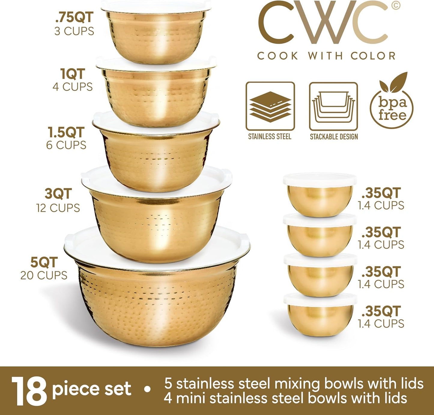 COOK WITH COLOR 18 Piece Mixing Bowls Set with Airtight Lids, Stainless Steel Bowl Organizers, Food Storage Containers, Meal Prep, Nesting Salad Bowls For Cooking, Baking, Kitchen Use, Gold