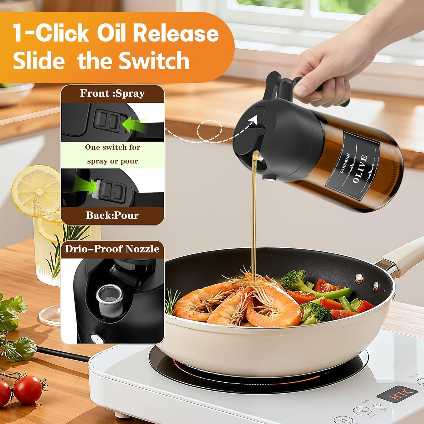 OURCABECUE 2 in 1 Olive Oil Sprayer for Cooking, 16oz/470ml Light-Blocking Dark Olive Oil Dispenser Bottle for Kitchen, Food-Grade Glass Oil Mister with 8 Oil Stickers