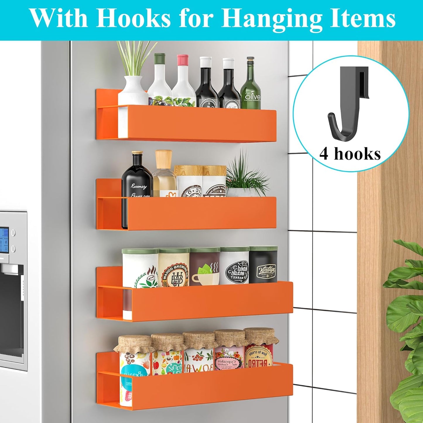 HuggieGems Metal 4 Pack Magnetic Spice Storage Rack Organizer for Refrigerator and Oven, Black Fridge Organizers and Storage, Metal