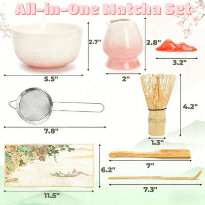 8 Pack Matcha Whisk Set, Japanese Matcha Tea Set, Ceramic Mixing Bowl with Spout, Bamboo Measuring Spoon and Scoop Stand, Towel, Whisk Holder, Stainless Sifter, Gift for Beginner, Tea Ceremony