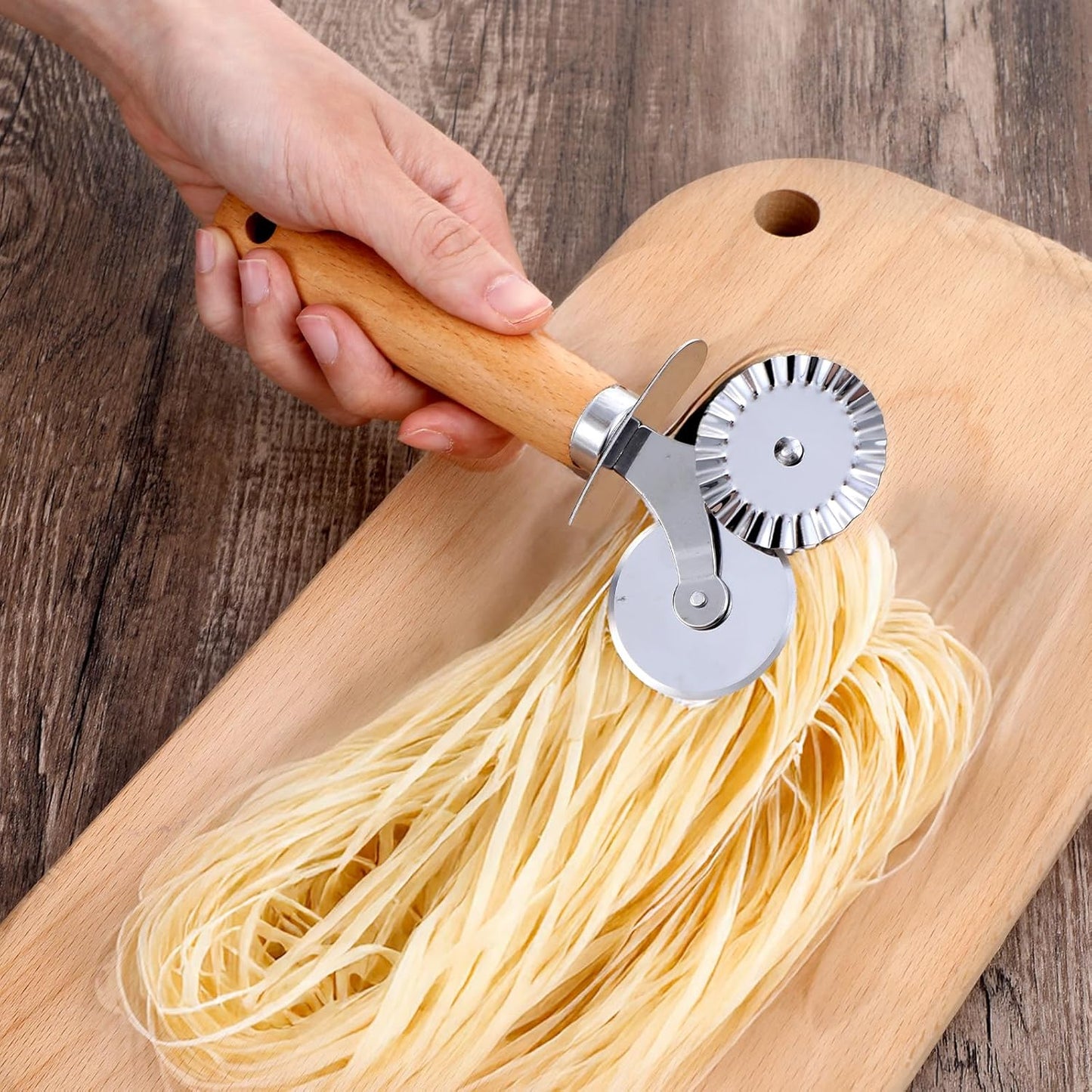 Oruola Pasta Cutter Wheel, Double Fluted Pastry Cutter Wheel,Double-Blade Ravioli Cutters,Stainless Steel Double Roller Dough Cutters with Wooden Handle for Pizza,Ravioli,Cookies
